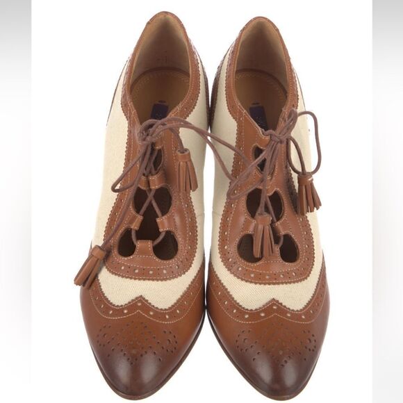 Ralph Lauren 2020 Pre-Fall Collection Scarlette Calfskin Spectator in Gold/Ecru - Picture 6 of 16